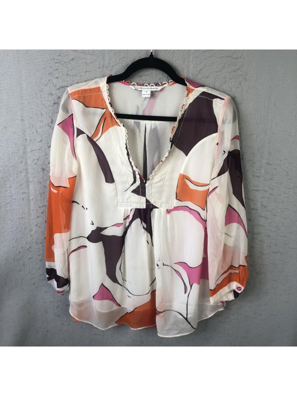 Diane Von Furstenberg Top Womens 10 Multicolor Silk Chiffon V Neck Boho Luxury